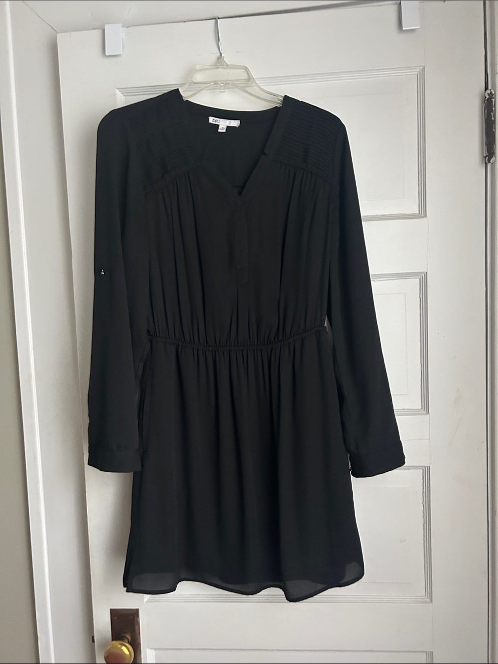 DR2 Black Long-Sleeve V-Neck Gathered Waist Dress